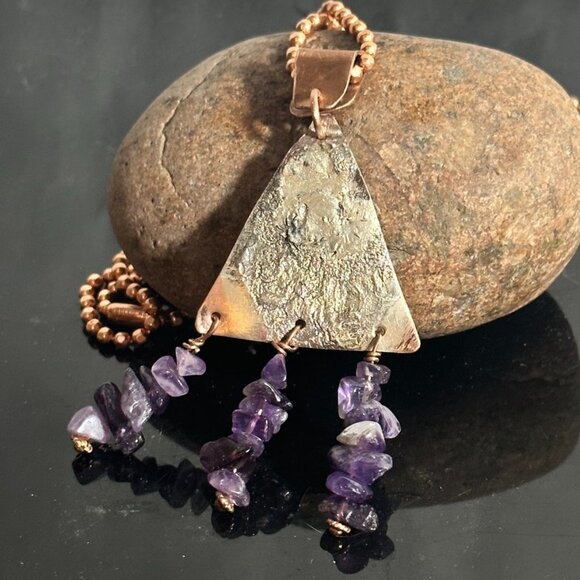 Sterling Silver 925 Reticulated Copper Amethyst Pendant Necklace rustic Gift - Picture 1 of 8